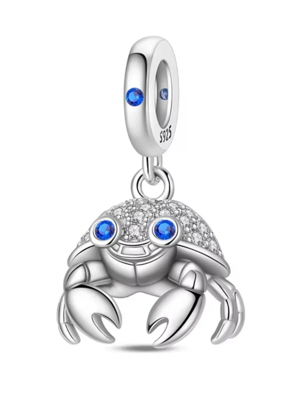 🦀 925 Sterling Silver Blue Crab Dangle Charm CZ Pavé